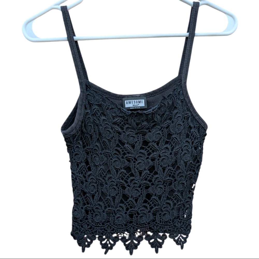 Vintage 90s Y2K Whimsigoth Crop Top Black Witchy Grunge Lace Crochet Size S